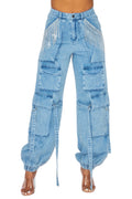 Denim Cargo with Rhinestone Joggers **NO STRETCH** by The House of Stylez