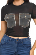 Mesh Front Denim Distressed Button Pockets Top {See Thru} by The House of Stylez