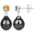 Pear Black Tahitian Pearl Prong Rhodium Plated Silver Teardrop Dangle Earrings by Fine Color Jewels