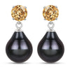 Pear Black Tahitian Pearl Prong Rhodium Plated Silver Teardrop Dangle Earrings