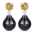 Pear Black Tahitian Pearl Prong Rhodium Plated Silver Teardrop Dangle Earrings by Fine Color Jewels