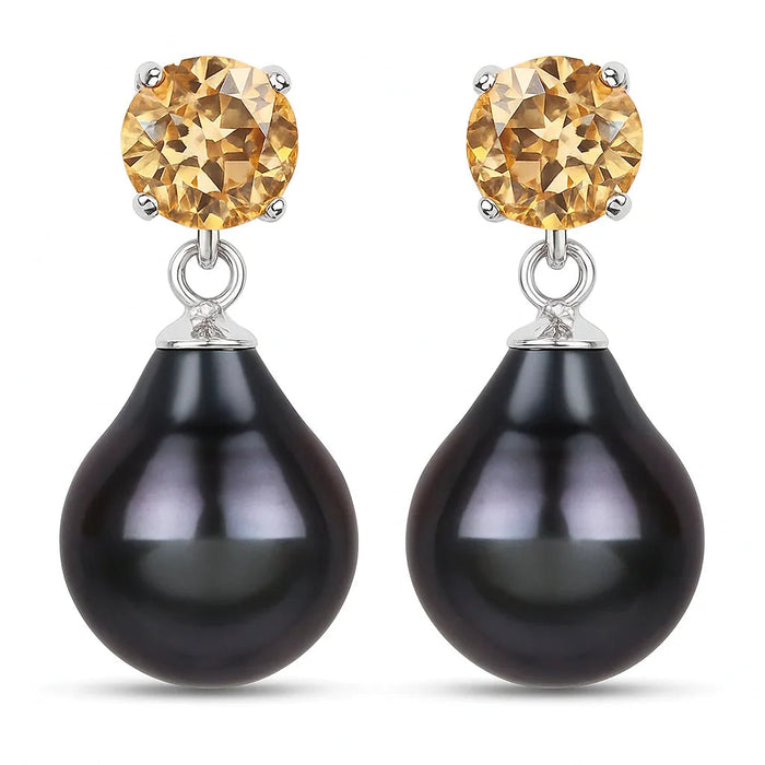 Pear Black Tahitian Pearl Prong Rhodium Plated Silver Teardrop Dangle Earrings by Fine Color Jewels