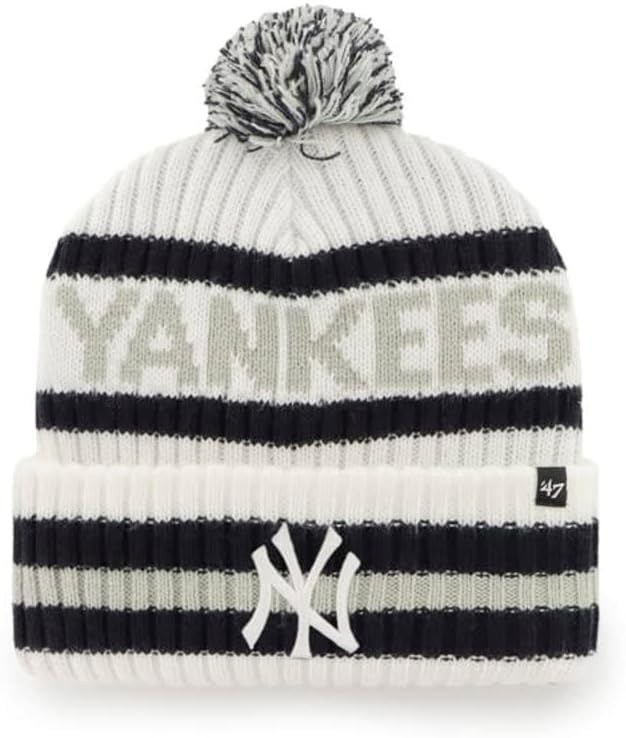 47 New York Yankees Adult Bering Cuffed Knit Pom Beanie Hat - White by I-Max Fashions