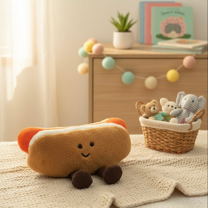 Hot Dog Plush Toy with Cute Dangly Feet – Kawaii Soft Toy for Kids & Adults by ozznekshoes