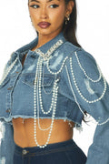 Artemila Pearl & Rhinestone Denim Crop Jacket by The House of Stylez