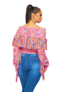 Multi Color Off the Shoulder Fringe Long Sleeve Sweater by The House of Stylez