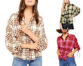 Free People Womens Plaid 3/4 Sleeve Collared Button up Top by Vanessa Jane