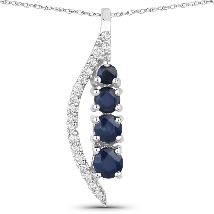 14K White Gold Blue Sapphire And Diamond Necklace by Fine Color Jewels