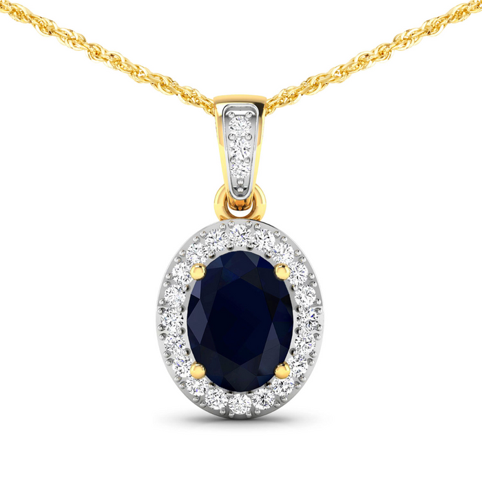 14K Yellow Gold Blue Sapphire Diamond Pendant by Fine Color Jewels