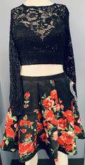 Juniors Sequin Hearts Long Sleeve 2pc. Lace/Floral Mikado Skirt, Size 11/12 by Vanessa Jane