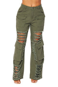 Distressed Wide Leg Cargo Pocket Pants by The House of Stylez