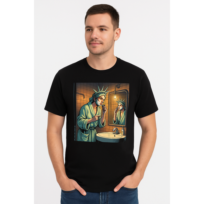 Pasteur Statue of Liberty Shaving – Graphic Black T-Shirt by Pasteur Pharmacy