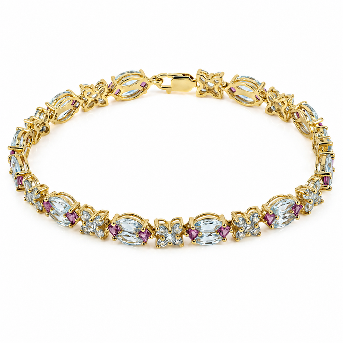 12.49 Ct Sky Blue Topaz Prong Gold Plated Silver Alternating Butterfly & Multi-Gemstone Cluster Tennis Bracelet by Fine Color Jewels