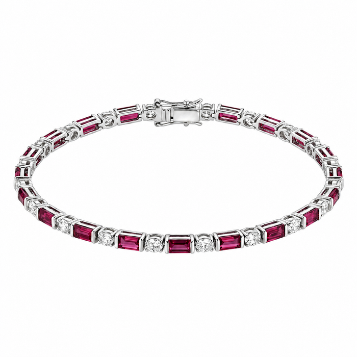 3.4 Ct Baguette Red Rhodolite Prong Silver Tennis Link Bracelet by Fine Color Jewels