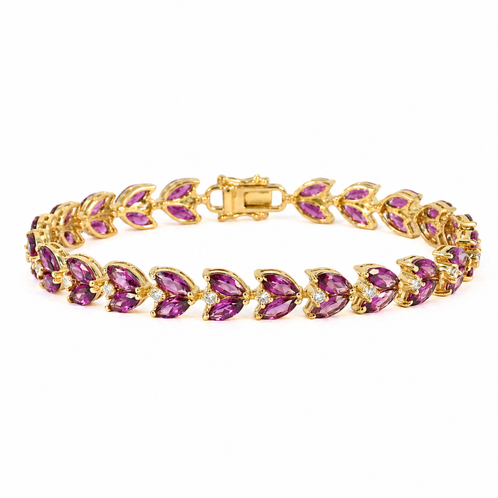 15.4 Ct Marquise Purple Rhodolite Garnet & Multi-Gemstone Prong Gold Plated Silver Leaf Cluster Tennis Bracelet by Fine Color Jewels