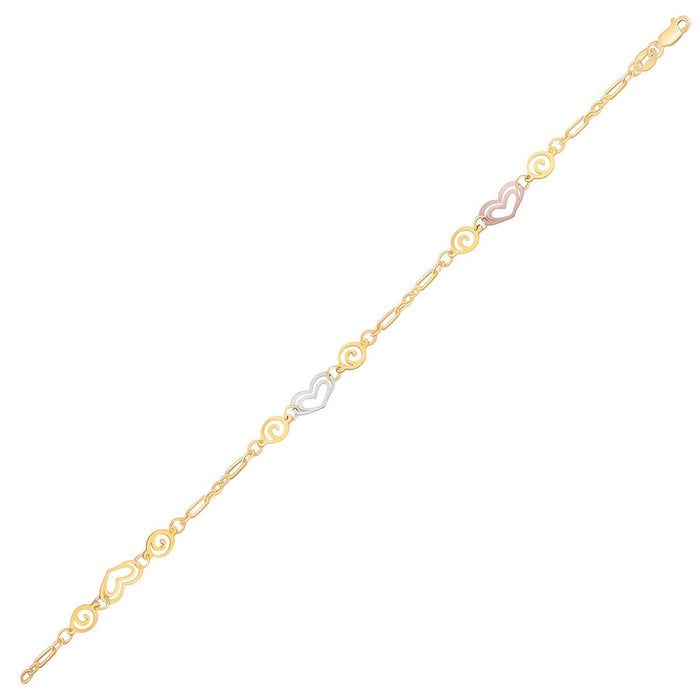 14k Tri-Color Gold Anklet with Multi Color Heart Stations by Avera Group