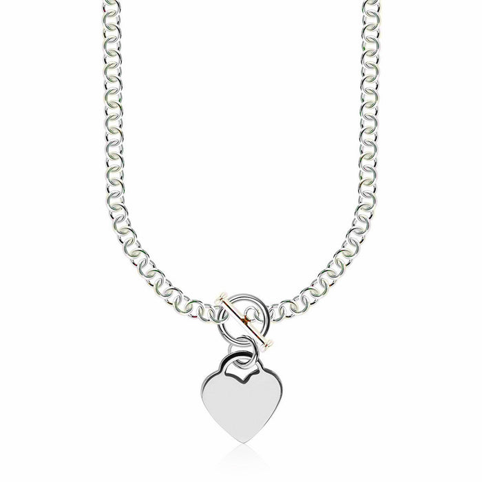 Sterling Silver Rhodium Plated Rolo Chain Necklace with a Heart Toggle Charm by Avera Group