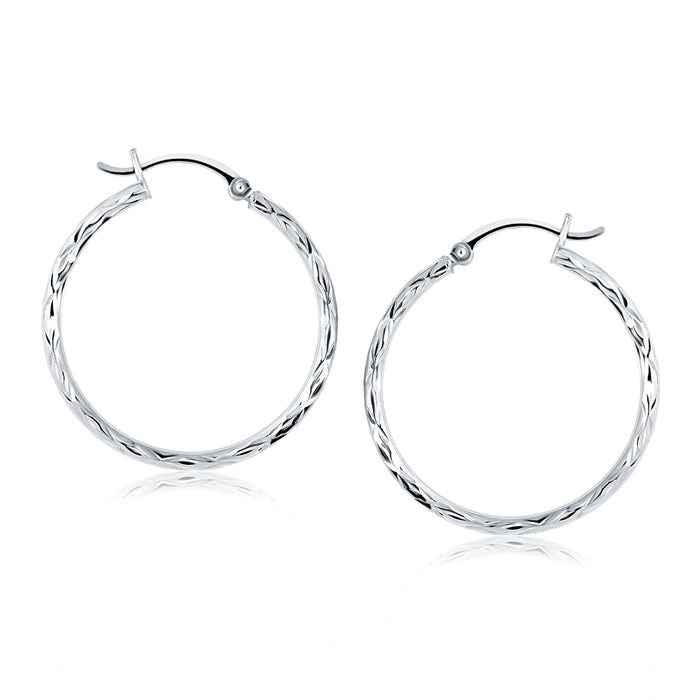 14k White Gold Diamond Cut Hoop Earrings(2x30mm) by Avera Group