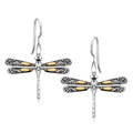 18k Yellow Gold and Sterling Silver Dragonfly Motif Drop Earrings by Avera Group