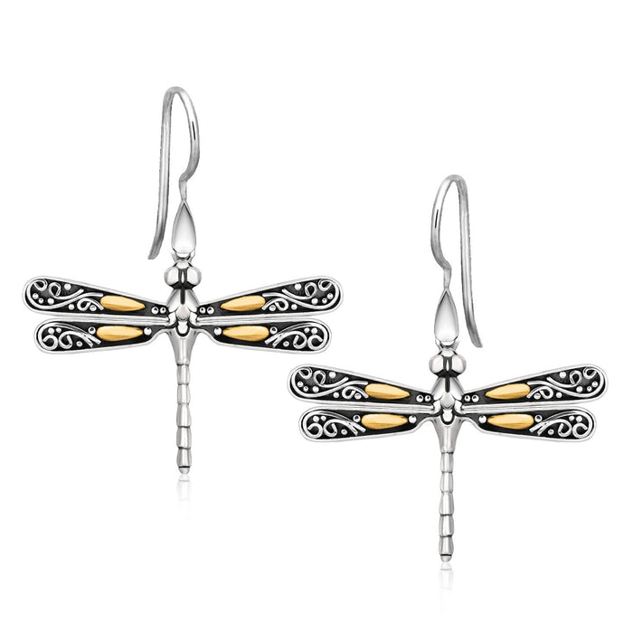 18k Yellow Gold and Sterling Silver Dragonfly Motif Drop Earrings by Avera Group