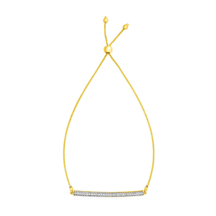 14k Yellow Gold Adjustable Bracelet with Textured Bar and Diamonds by Avera Group