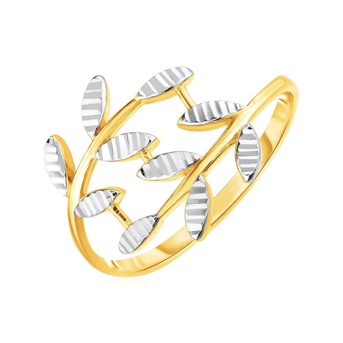 14k Two Tone Gold Crossover Ring with Textured Leaves by Avera Group