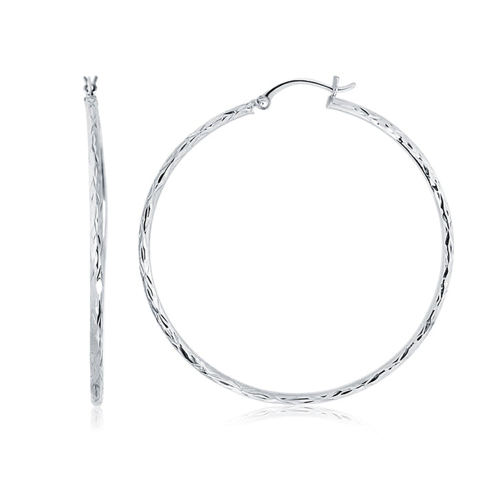 14k White Gold Diamond Cut Hoop Earrings (1 3/4 inch Diameter) by Avera Group