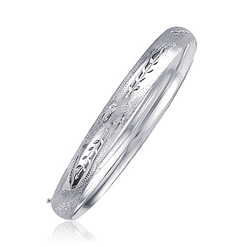 Classic Floral Carved Bangle in 14k White Gold (6.00 mm) by Avera Group