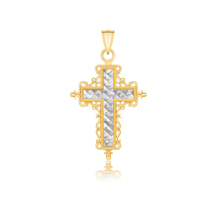 14k Two-Tone Gold Diamond Cut and Baroque Inspired Cross Pendant by Avera Group