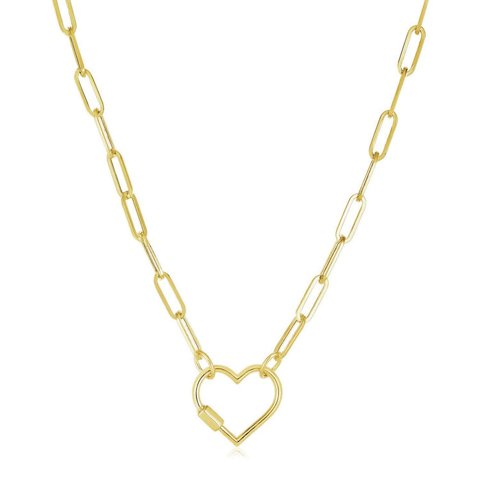 14k Yellow Gold Paperclip Chain Necklace with Heart Carabiner Clasp by Avera Group