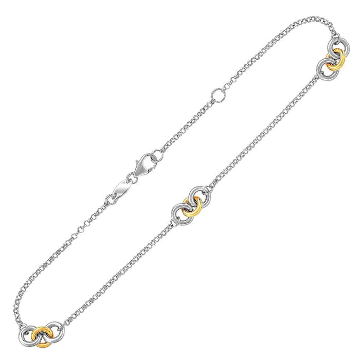 14k Yellow Gold and Sterling Silver Triple Ring Stationed Anklet by Avera Group