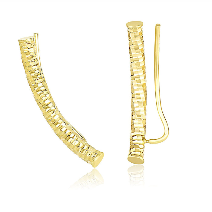 14k Yellow Gold Curved Tube Earrings with Diamond Cuts by Avera Group