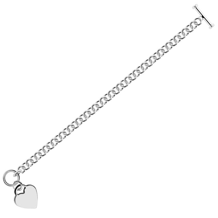 Sterling Silver Rhodium Plated Rolo Chain Bracelet with a Heart Charm (6.00 mm) by Avera Group