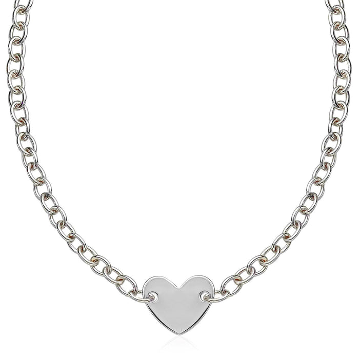 Sterling Silver Rhodium Plated Chain Bracelet with a Flat Heart Motif Station by Avera Group