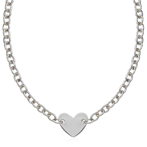 Sterling Silver Rhodium Plated Chain Bracelet with a Flat Heart Motif Station by Avera Group