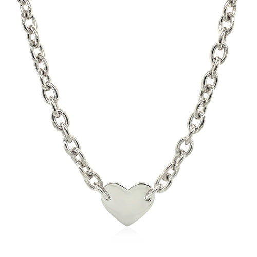 Sterling Silver Rhodium Plated Chain Bracelet with a Flat Heart Motif Station by Avera Group