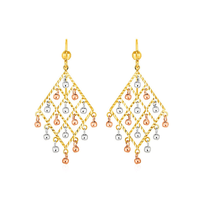 Textured Chandelier Earrings with Ball Drops in 14k Tri Color Gold by Avera Group