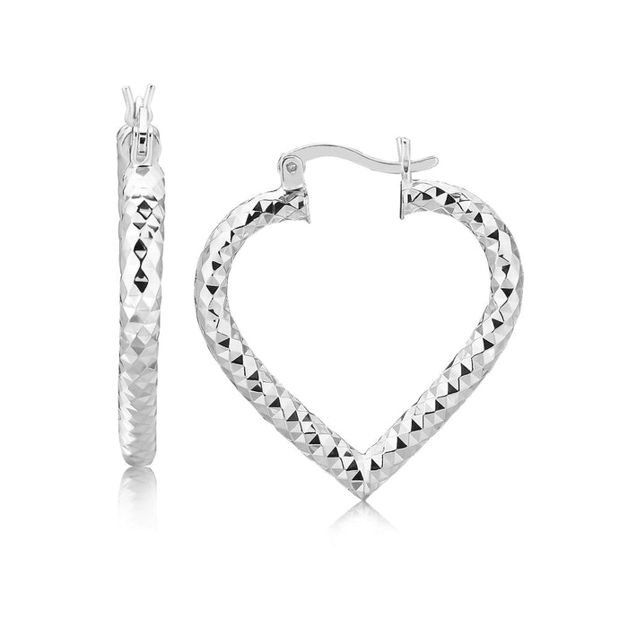 Sterling Silver Rhodium Plated Heart Style Hoop Diamond Cut Earrings by Avera Group