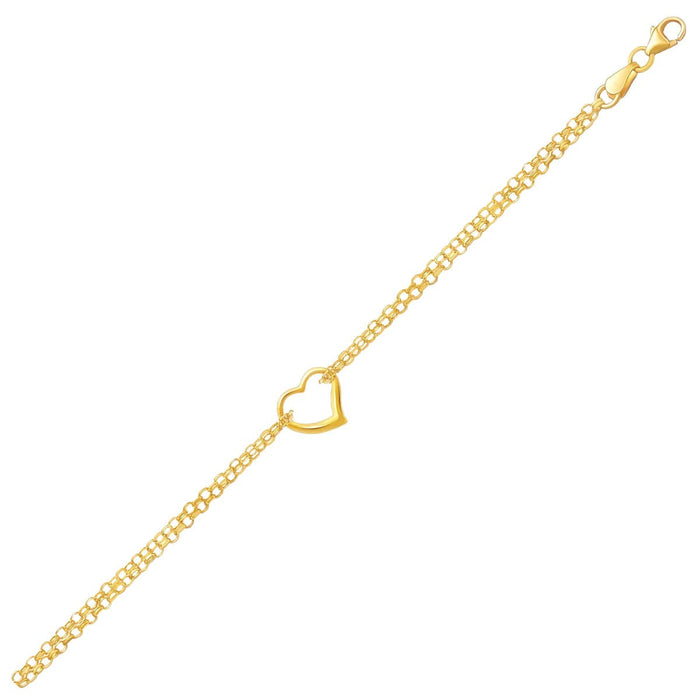 14k Yellow Gold Double Rolo Chain Anklet with an Open Heart Station by Avera Group