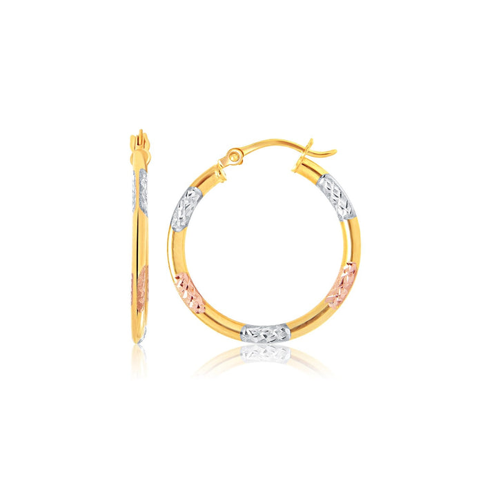 Tri-Color Hoop Earrings with Diamond Cut Accents in 14k Gold(2x15mm) by Avera Group