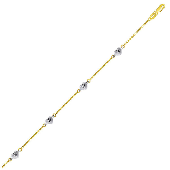 14k Two Tone Gold Anklet with Diamond Cut Heart Style Stations by Avera Group