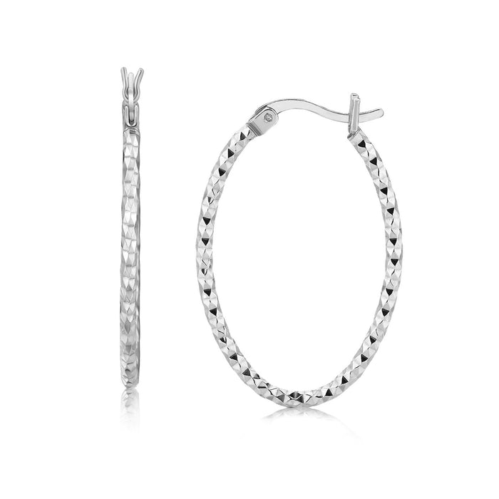 Sterling Silver Rhodium Plated Textured Diamond Cut Classic Hoop Earrings by Avera Group