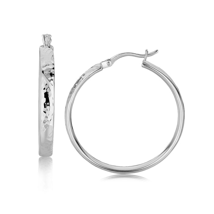 Sterling Silver Hammered Style Hoop Earrings with Rhodium Plating (4x30mm) by Avera Group