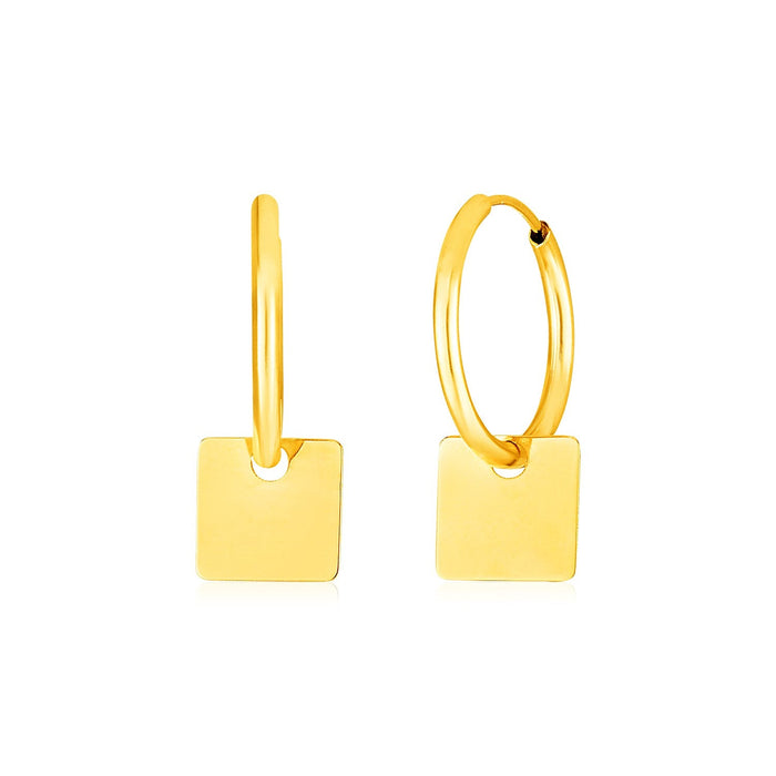 14k Yellow Gold Huggie Style Hoop Earrings with Square Drops by Avera Group