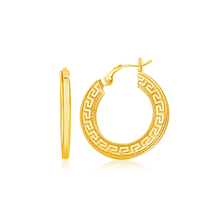14k Yellow Gold Greek Key Medium Hoop Earrings with Flat Sides by Avera Group