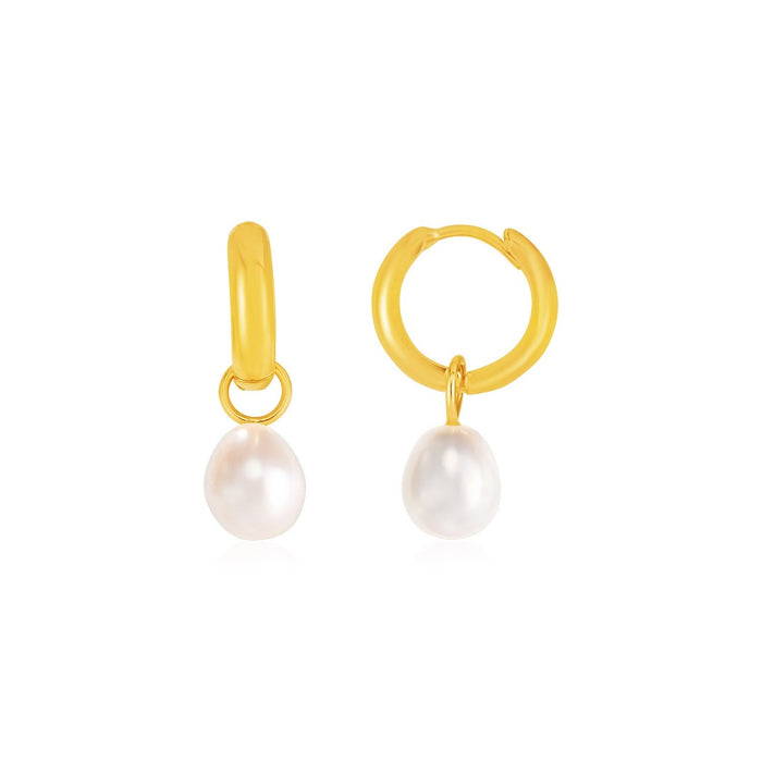 14k Yellow Gold Small Hoop Earrings with Pearls by Avera Group