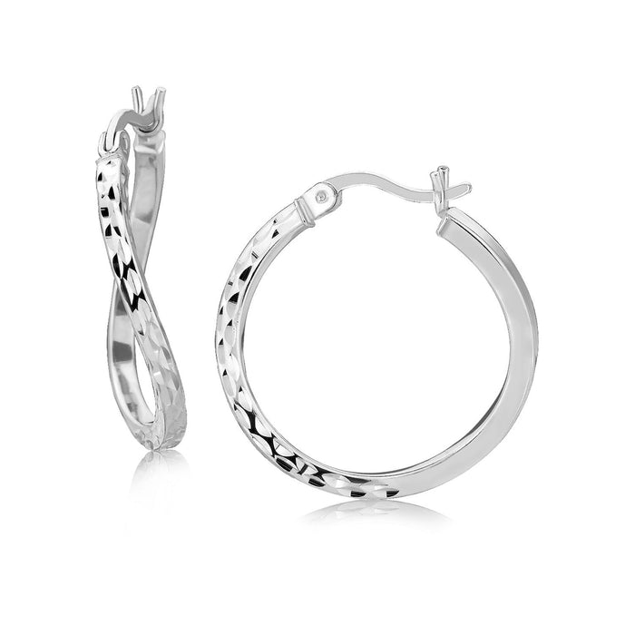 Sterling Silver Rhodium Plated Twist Style Hoop Diamond Cut Earrings (20mm) by Avera Group