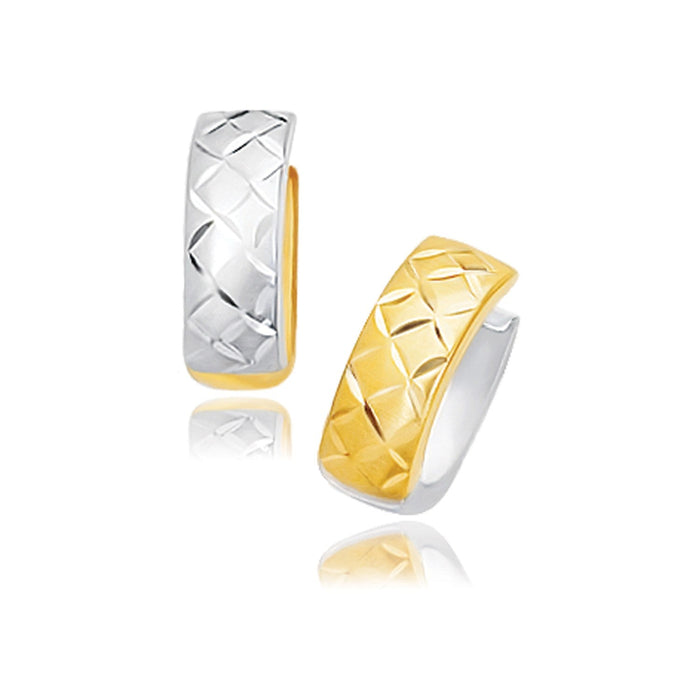 14k Two-Tone Gold Reversible Quilted Hinged Hoop Huggie Earrings by Avera Group