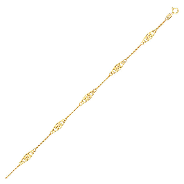 14k Yellow Gold Anklet with Fancy Diamond Shape Filigree Stations by Avera Group
