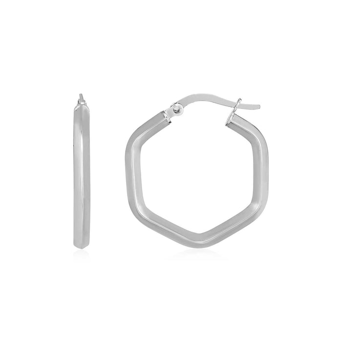 14k White Gold Shiny Hexagon Hoop Earrings by Avera Group